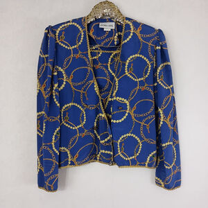 Vintage 80s Andrea Gayle Women's Blue Chain Print Top size 12 Glam